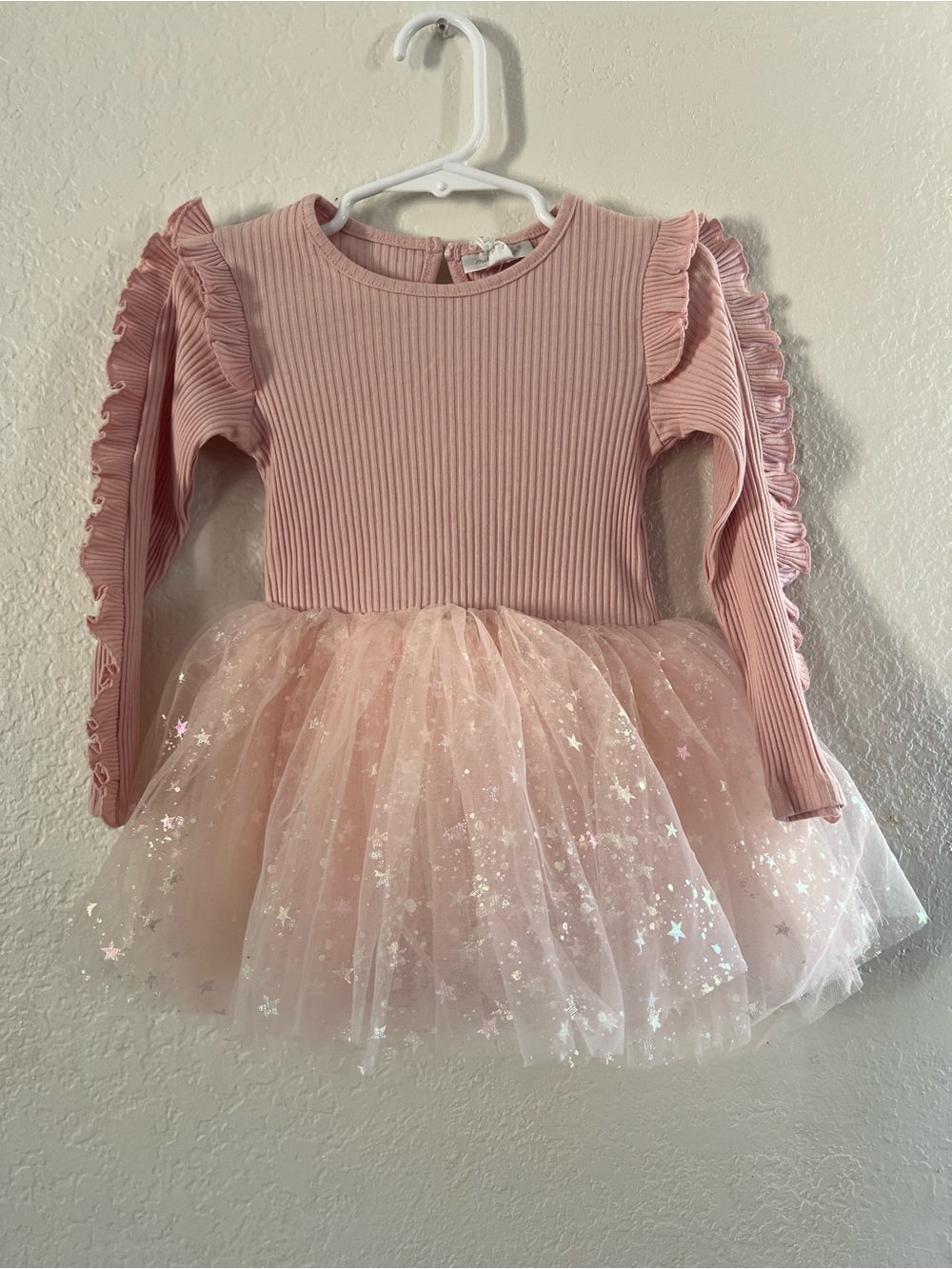 Blush Ribbed Tulle Dress with Ruffle Shoulders